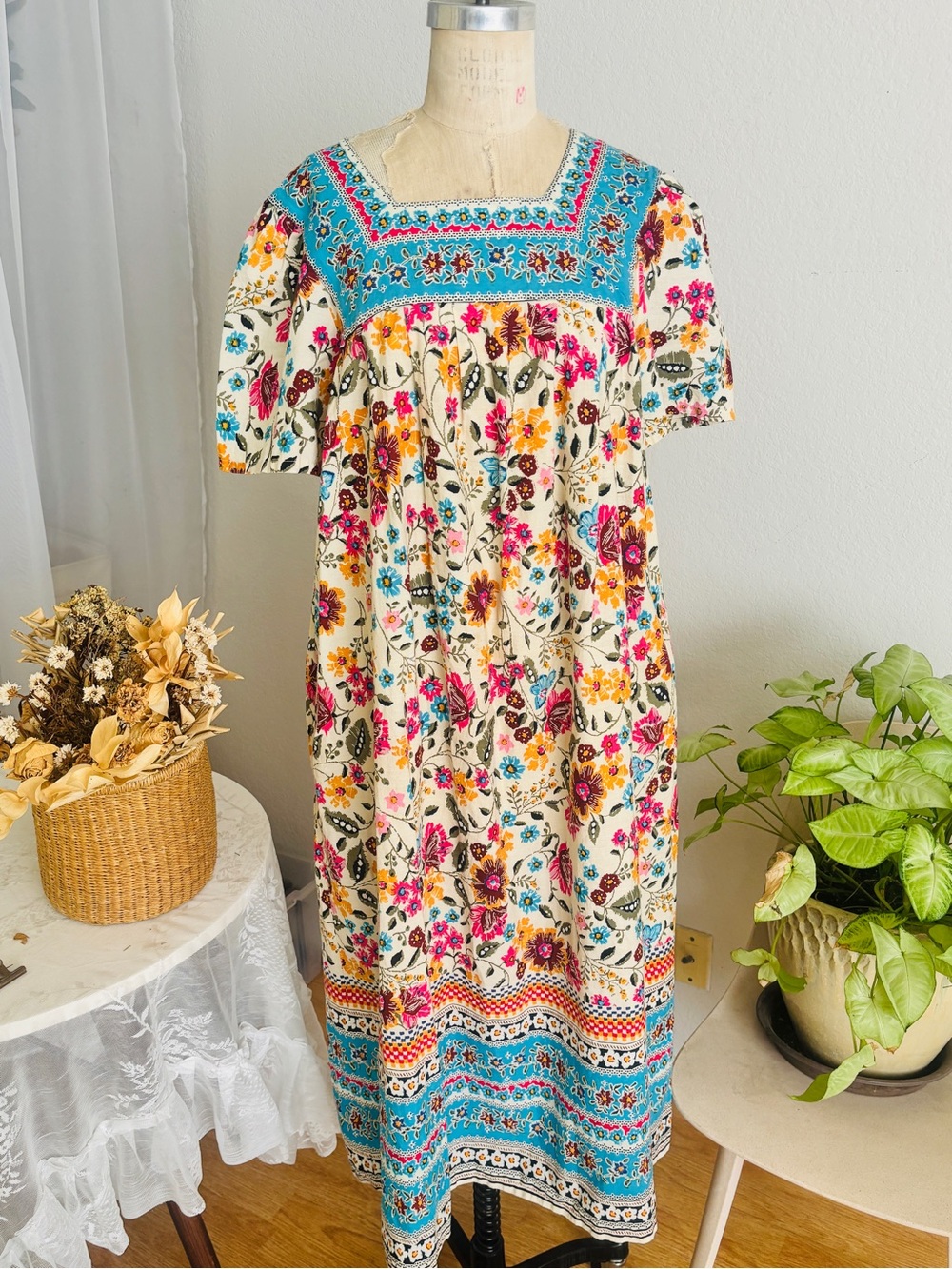Expressions Floral Patchwork Print Dress in Cream, Turquoise & Fuchsia